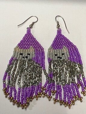 Purple Beaded Cat Fringe Earrings